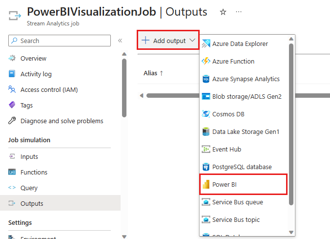 Çıkış ekle menüsünden Power BI'ın seçilmesini gösteren ekran görüntüsü.