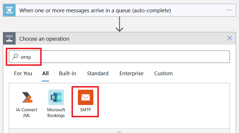 Screenshot that shows selecting an SMTP connection in the logic app designer.