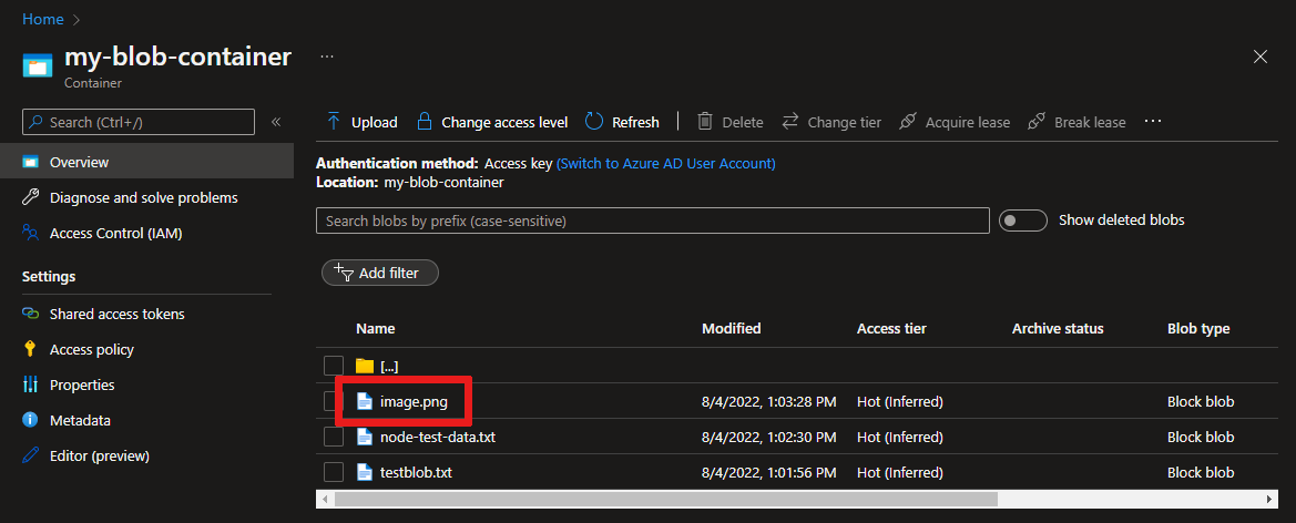 karşıya yüklenen dosyayı Azure portal görüntüleme işleminin ekran görüntüsü.