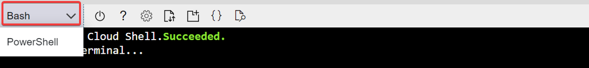 Araç çubuğundaki ortam seçiciyi vurgulayan Azure Cloud Shell penceresinin ekran görüntüsü.