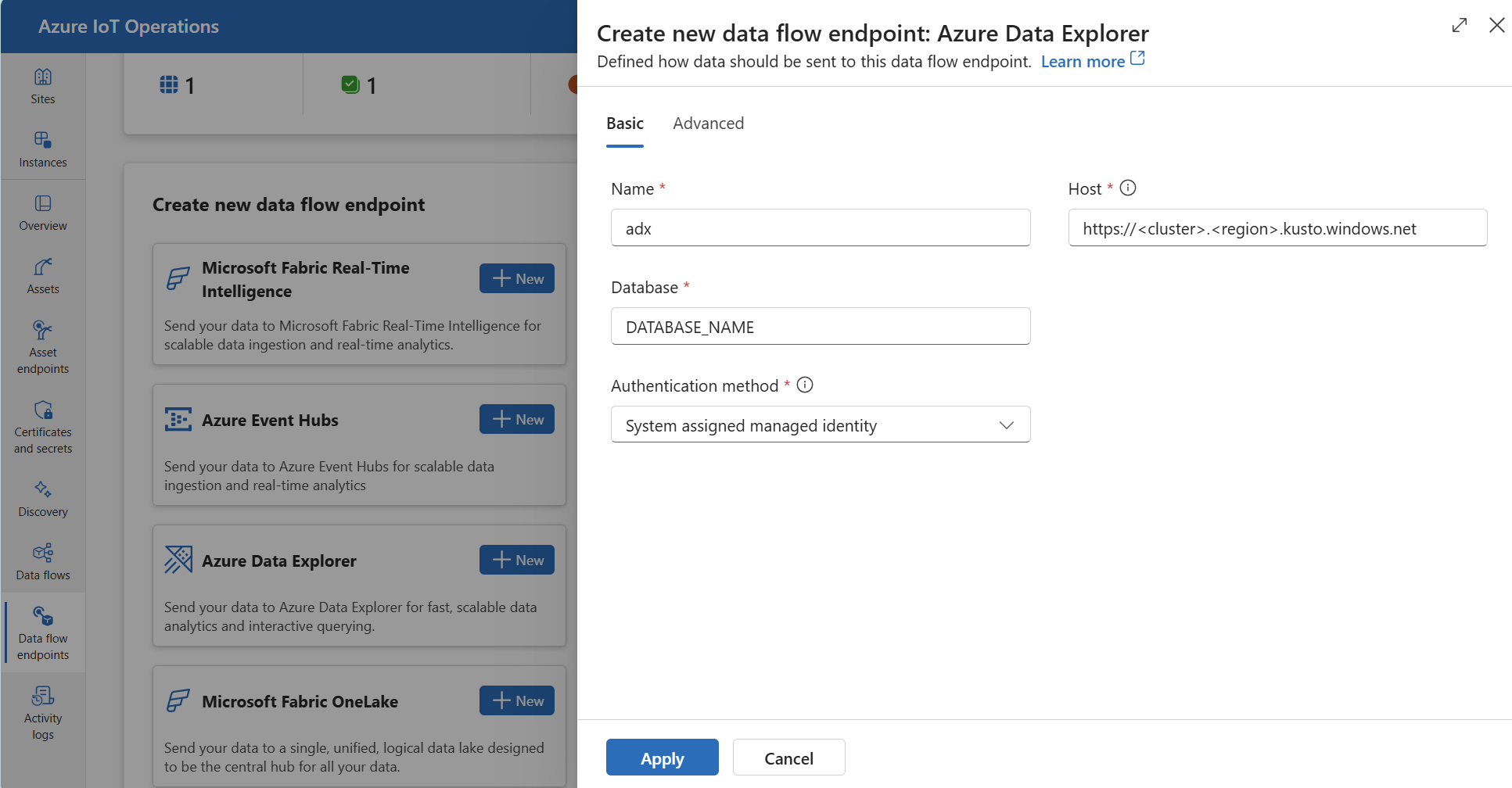 Azure Veri Gezgini veri akışı uç noktası oluşturmak için işlem deneyiminin kullanıldığı ekran görüntüsü.