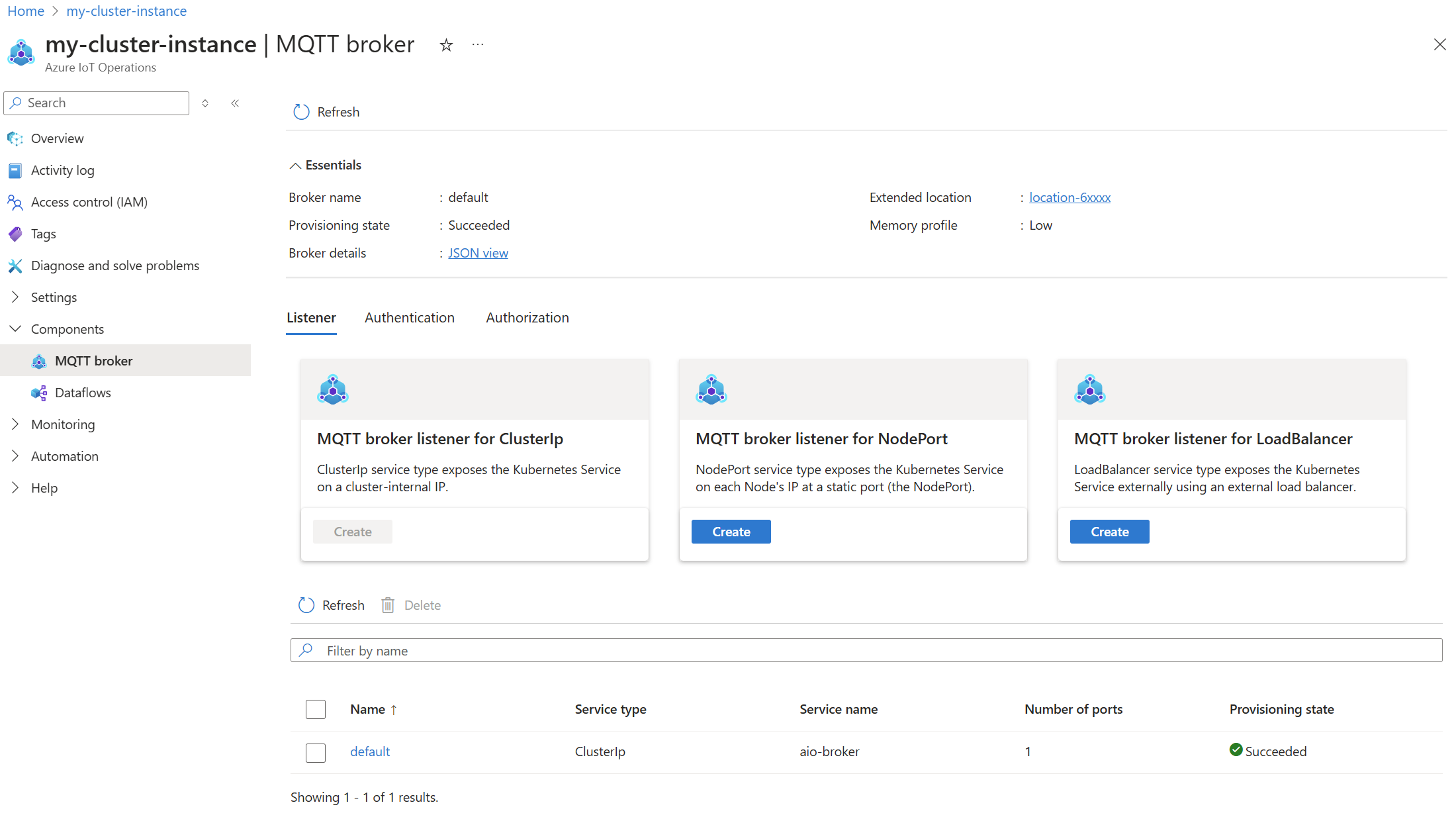 Azure IoT İşlemleri MQTT yapılandırmasını görüntülemek için Azure portalını kullanmayı gösteren ekran görüntüsü.