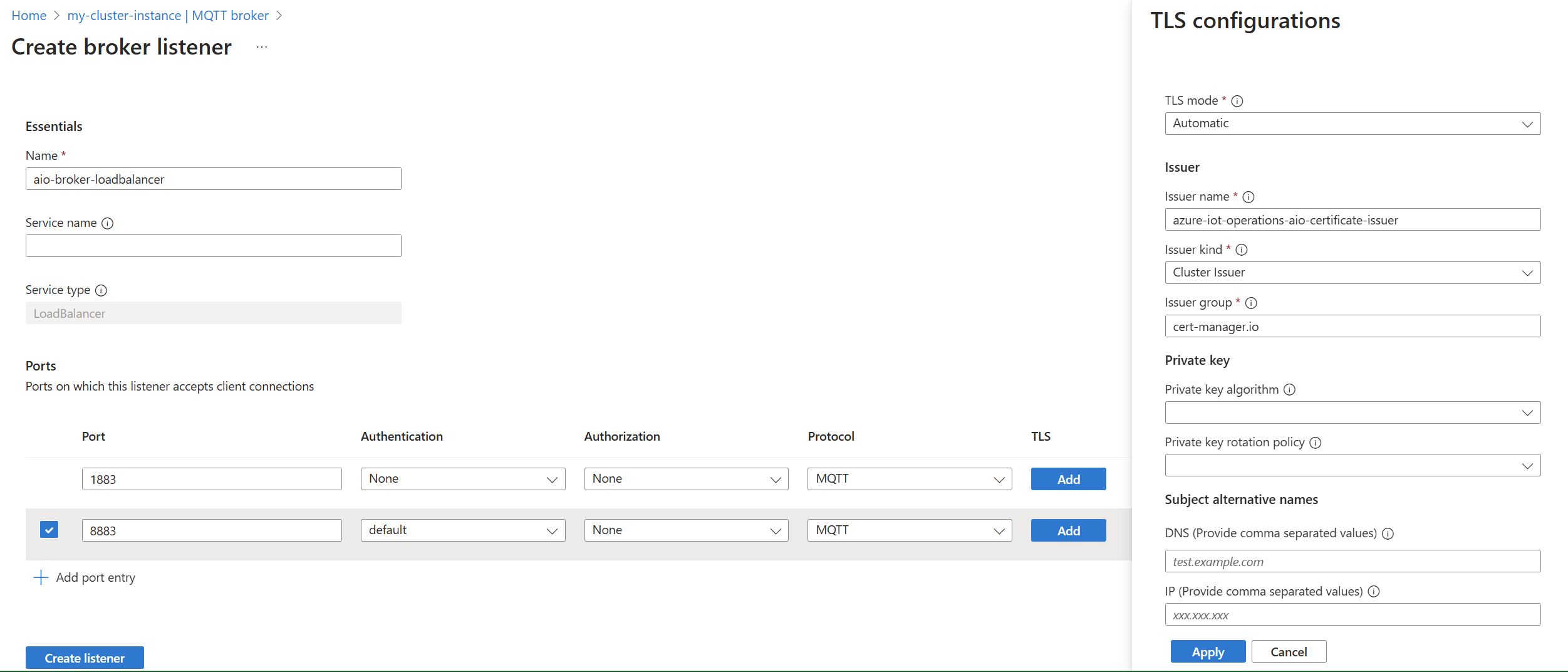 Yük dengeleyici dinleyicisi için bir MQTT aracısı oluşturmak üzere Azure portalını kullanmayı gösteren ekran görüntüsü.