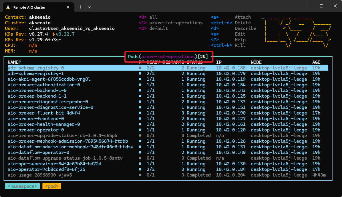 azure-iot-operations ad alanına filtrelenmiş k9s pod listesini gösteren ekran görüntüsü.