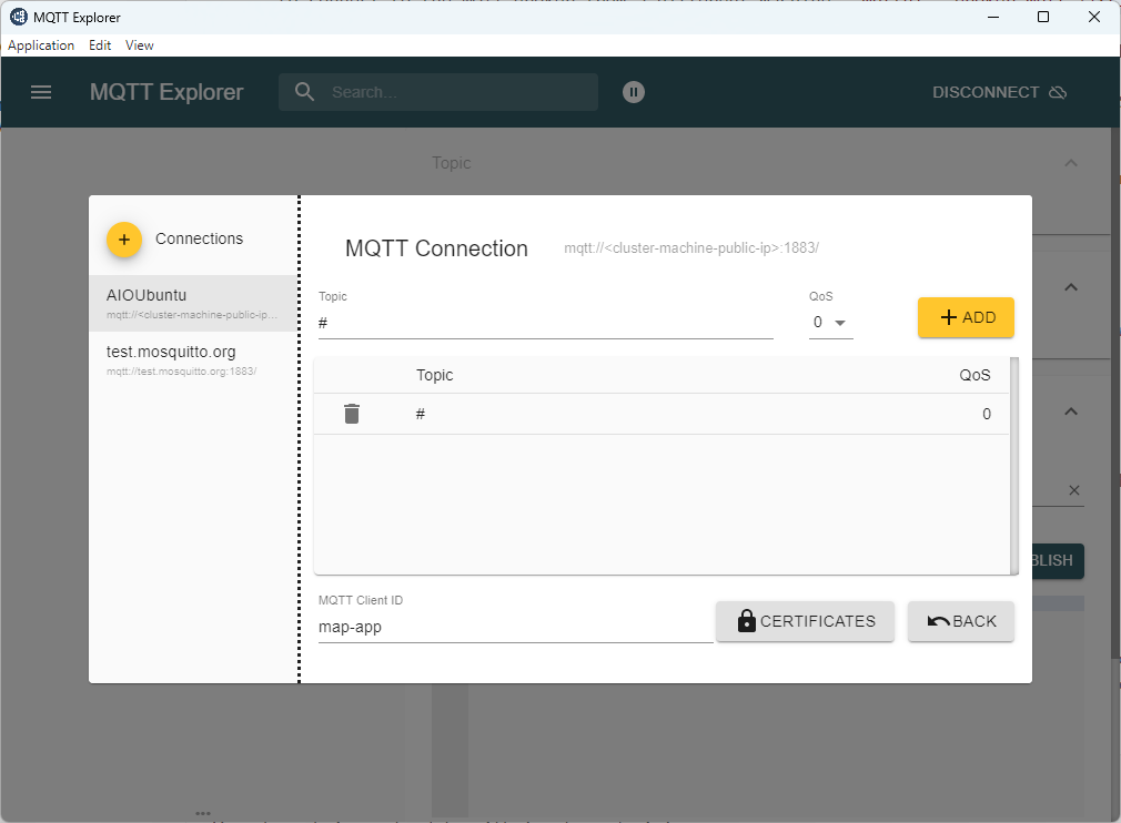 MQTT Gezgini varsayılan konu yapılandırmasını gösteren ekran görüntüsü.