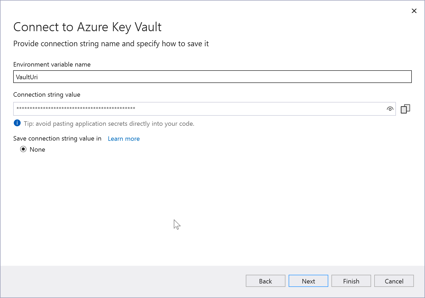 Azure Key Vault'a Bağlan ekranının ekran görüntüsü.