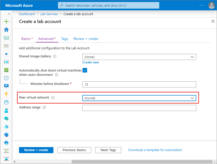 Azure portalında eş sanal ağ ayarını vurgulayarak laboratuvar hesabı oluşturmayı gösteren ekran görüntüsü.