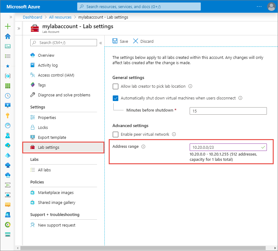 Azure portalında bir laboratuvar hesabının laboratuvar ayarları sayfasını gösteren ve adres aralığını yapılandırma seçeneğini vurgulayan ekran görüntüsü.