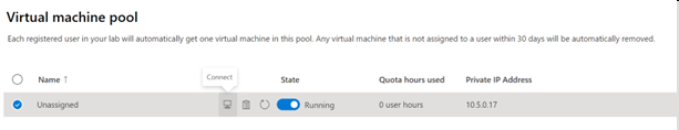 Azure Lab Services laboratuvarı için sanal makine havuzu sayfasının ekran görüntüsü.
