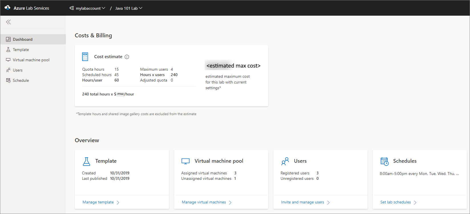 Azure Lab Services'deki bir laboratuvarın pano görünümünü gösteren ekran görüntüsü