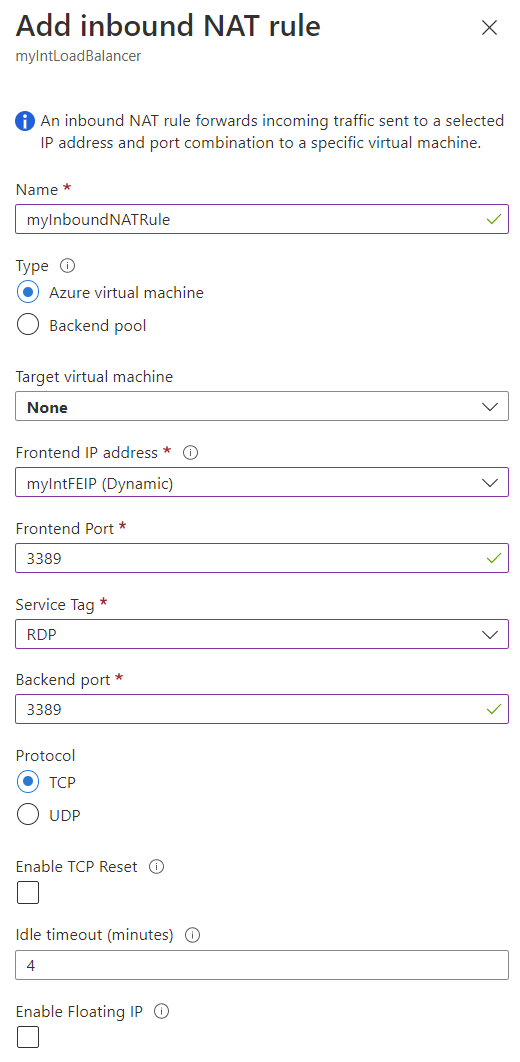 Azure Sanal Makineler için Gelen NAT Kuralı Ekle sayfasının ekran görüntüsü