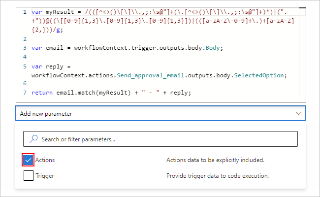 Eylemler parametresinin seçili olduğu JavaScript Kodu Yürüt eylemini gösteren ekran görüntüsü.