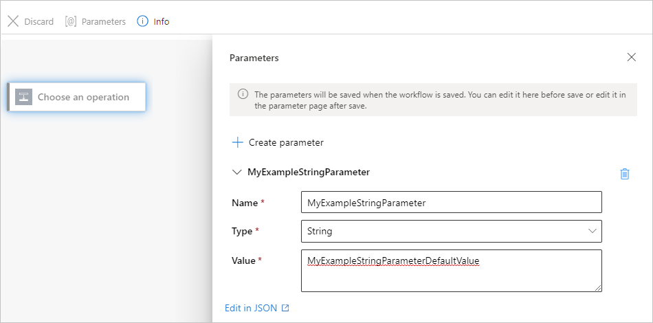 Azure portal, Standart iş akışı tasarımcısı ve örnek parametre tanımıyla