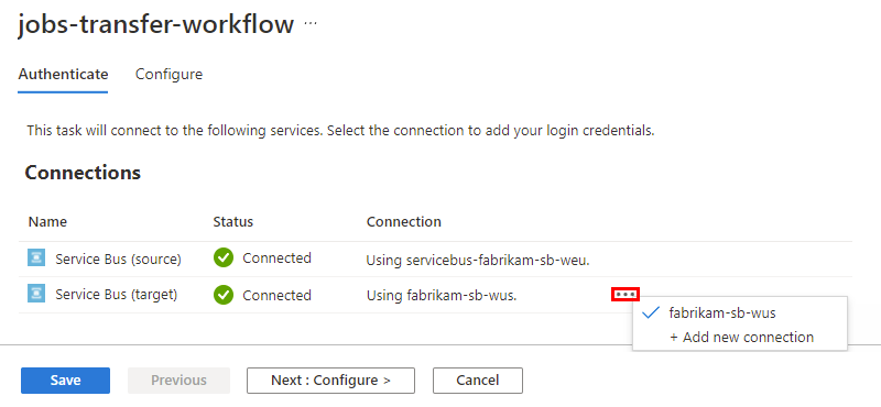 Kimlik Doğrulaması sekmesini, var olan bağlantıları ve seçili bağlam menüsünü gösteren ekran görüntüsü.