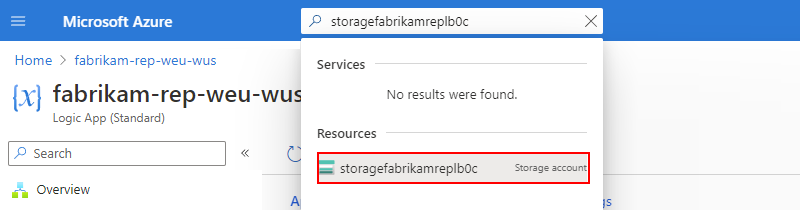 Depolama hesabı adının girilmiş olduğu Azure portalı arama kutusunu gösteren ekran görüntüsü.