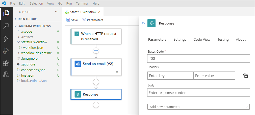 Visual Studio Code, mantıksal uygulama projesi ve iş akışını gösteren ekran görüntüsü.