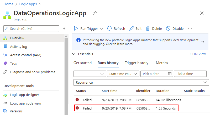 Tüketim mantıksal uygulaması iş akışı çalıştırmalarının ve başarısız çalıştırmanın seçili olduğu Azure portal gösteren ekran görüntüsü.