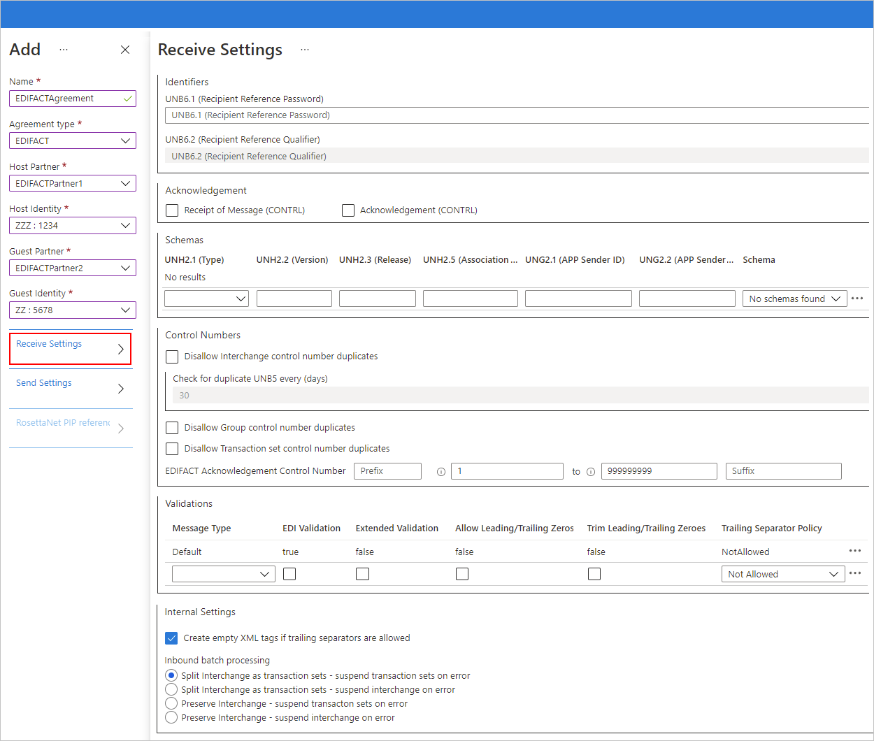 Gelen iletiler için Azure portal ve EDIFACT sözleşmesi ayarlarını gösteren ekran görüntüsü.
