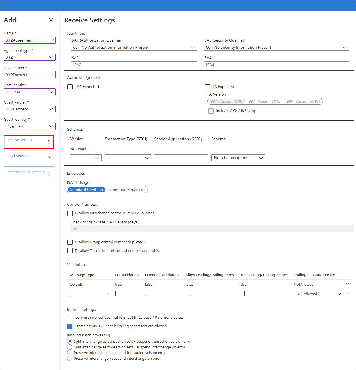 Gelen iletiler için Azure portal ve X12 sözleşmesi ayarlarını gösteren ekran görüntüsü.