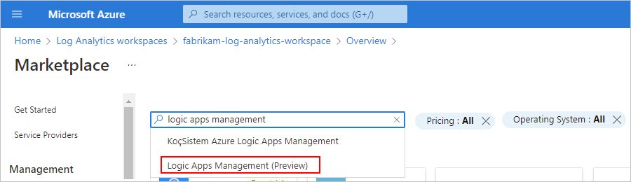 'Logic Apps yönetimi' girilmiş ve 'Logic Apps Yönetimi' seçilmiş Azure portal, Market sayfası arama kutusunu gösteren ekran görüntüsü.
