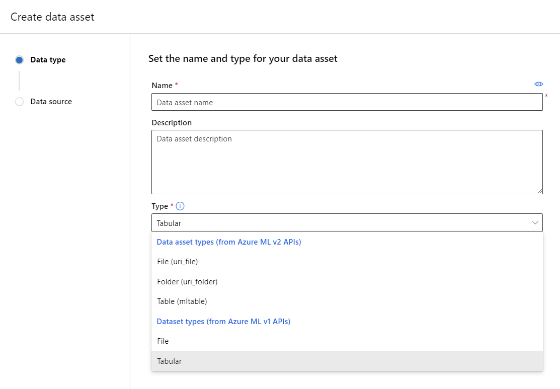 This screenshot shows set the name, description, and type of the data asset.