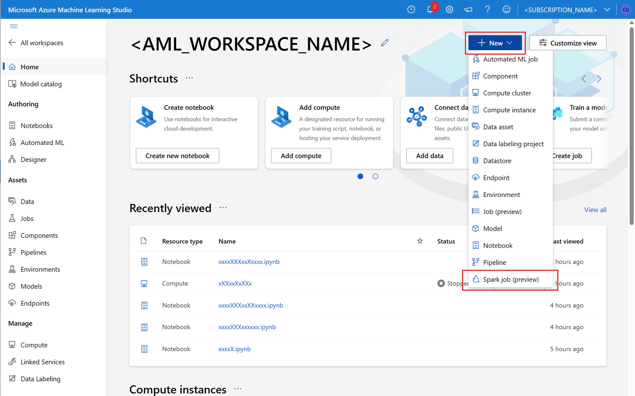 Azure Machine Learning stüdyosu kullanıcı arabiriminde yeni bir Spark işi oluşturmayı gösteren ekran görüntüsü.