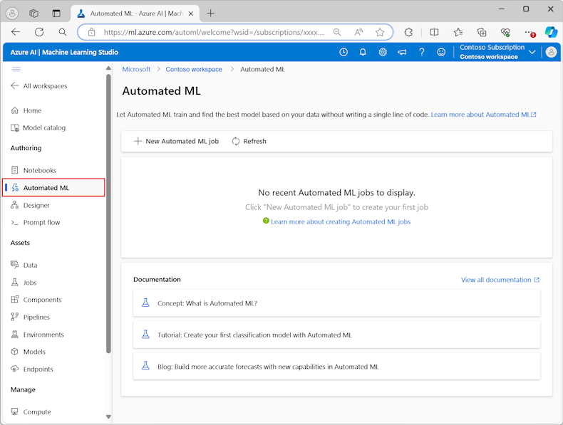 Azure Machine Learning stüdyosu'da Otomatik ML için Yazma genel bakış sayfasını gösteren ekran görüntüsü.