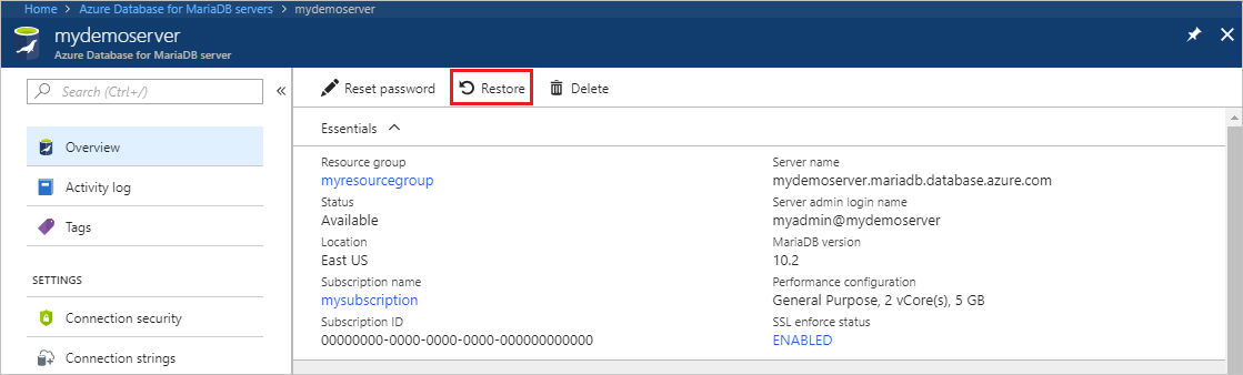 MariaDB için Azure Veritabanı - Genel Bakış - Geri Yükle düğmesi