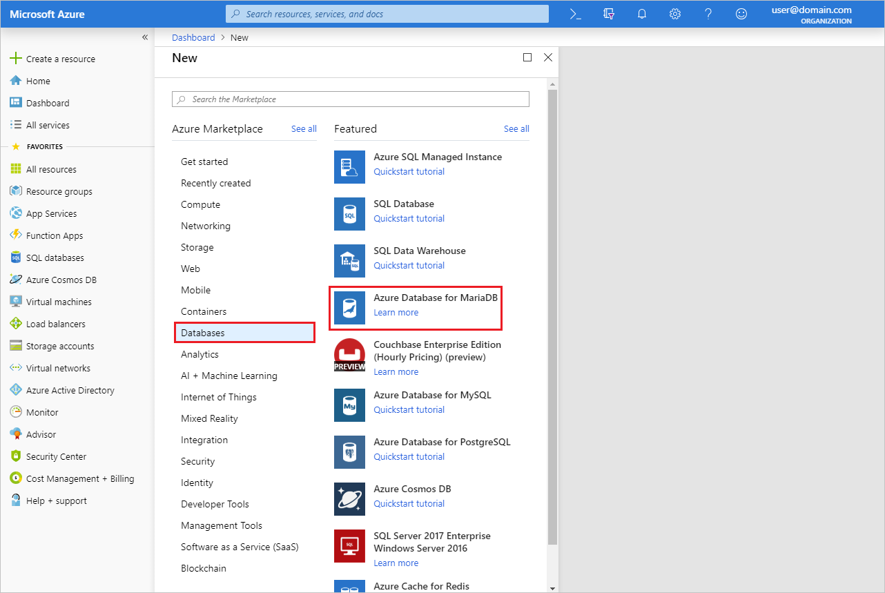 MariaDB için Azure Veritabanı gidin.
