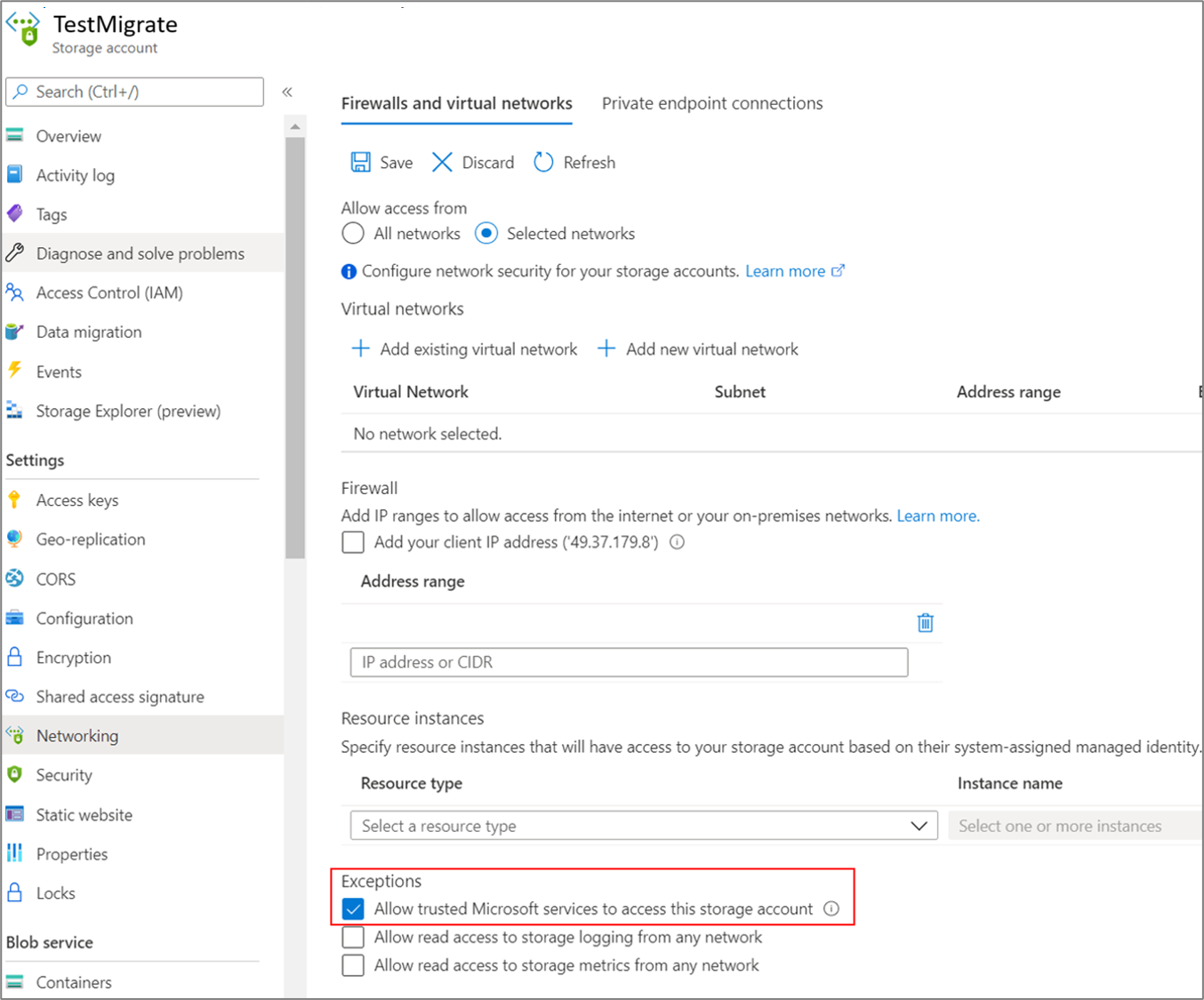 Güvenilen Microsoft hizmetleri bu depolama hesabına erişmesine izin ver seçeneğini gösteren ekran görüntüsü.