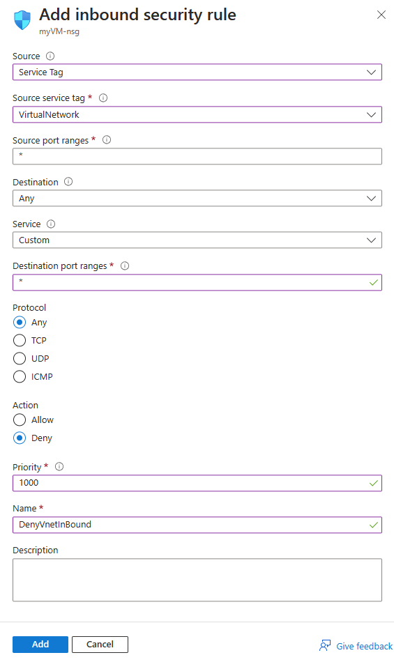 Azure portalında ağ güvenlik grubuna gelen güvenlik kuralının nasıl ekleneceğini gösteren ekran görüntüsü.