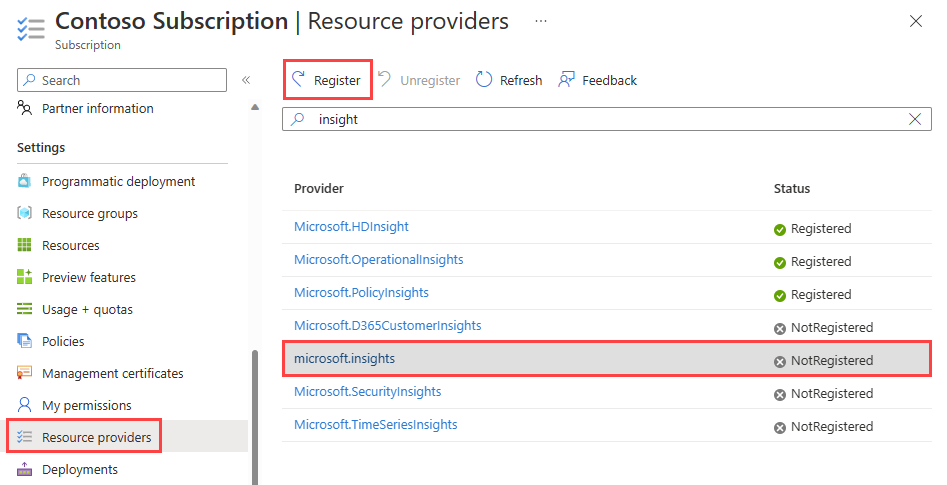 Microsoft Insights sağlayıcısını Azure portalına kaydetme işleminin ekran görüntüsü.