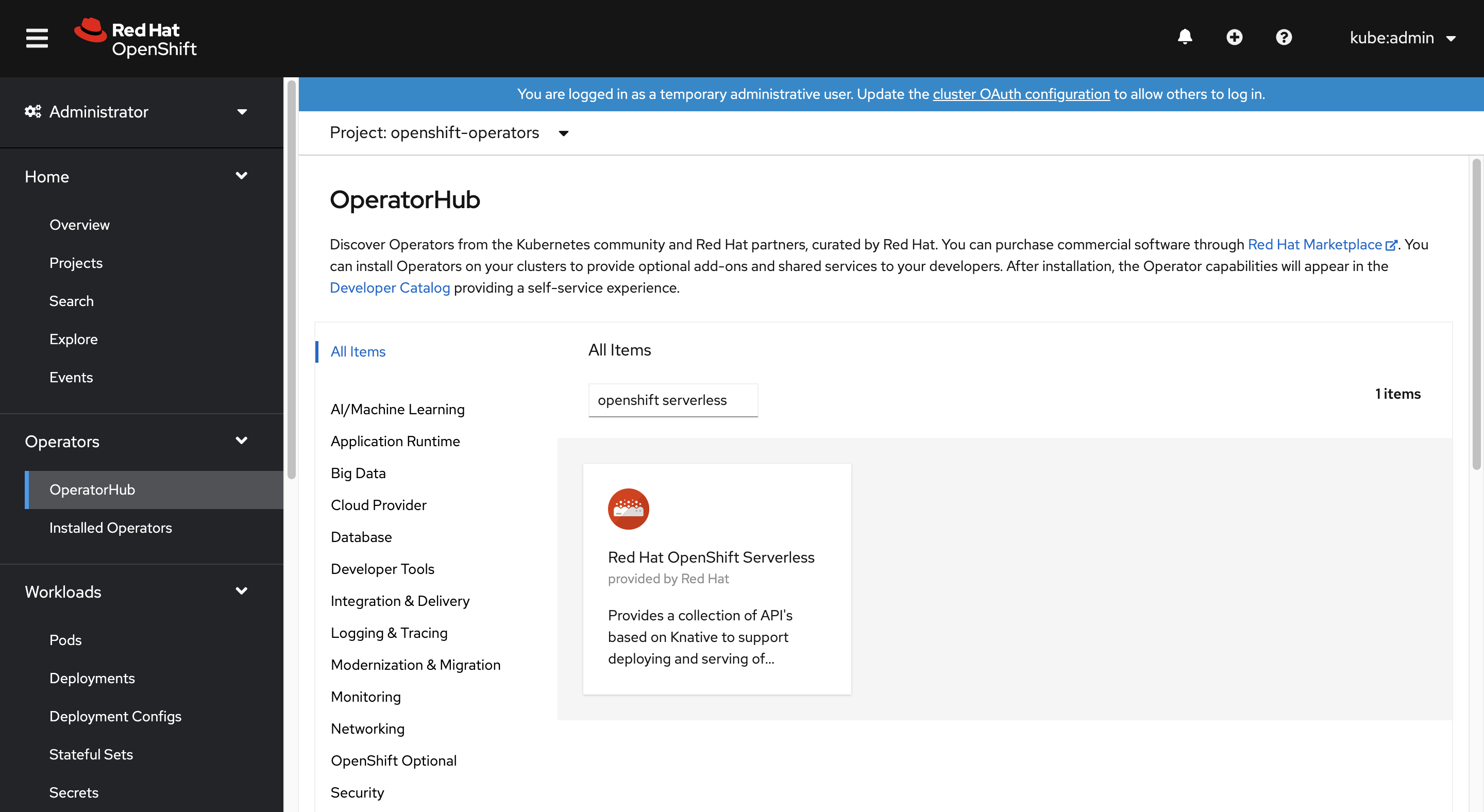 OpenShift Sunucusuz işlecinin konumunu gösteren ekran görüntüsü.