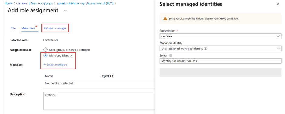 Gözden geçirme + atama vurgulanmış olarak 'Rol ataması ekle' ekranını gösteren ekran görüntüsü.