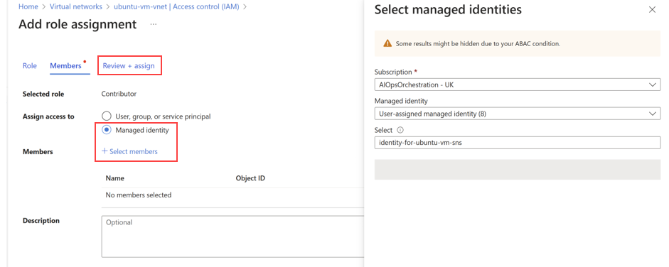 Yönetilen kimliği ve + Üye seç'i gösteren ekran görüntüsü.
