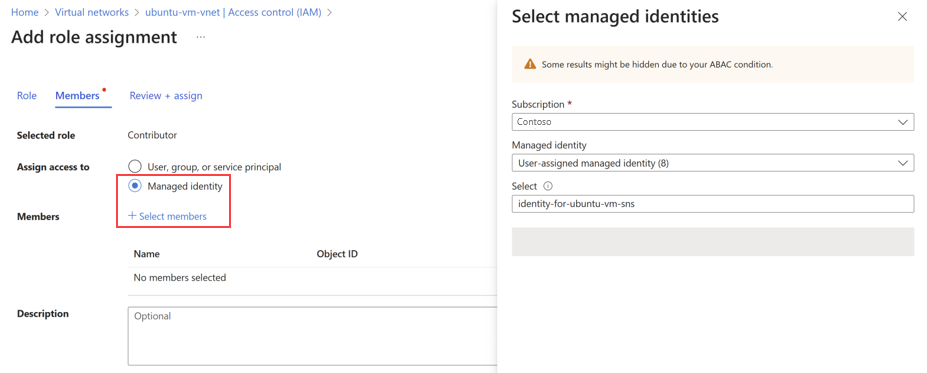 Yönetilen kimliğin seçili olduğu 'Rol ataması ekle' ekranını gösteren ekran görüntüsü.