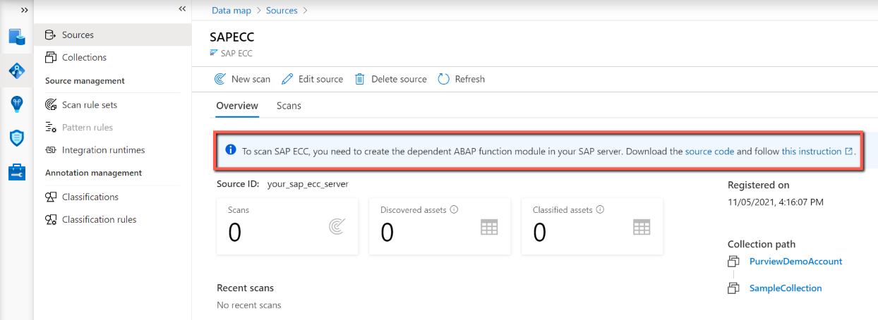 Screenshot that shows the download link for the ABAP function module source code from the Microsoft Purview governance portal.