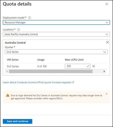 Azure portalındaki Kota ayrıntıları bölmesinin ekran görüntüsü.