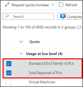 Azure portalında VM başına kota seçimini gösteren ekran görüntüsü.