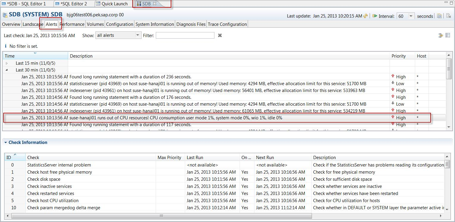 SAP HANA Studio'da Yönetim Konsolu: Uyarılar: Göster: tüm uyarılar'a gidin