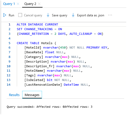 Sorgu Düzenleyicisi penceresinde SQL betiğinin ekran görüntüsü.