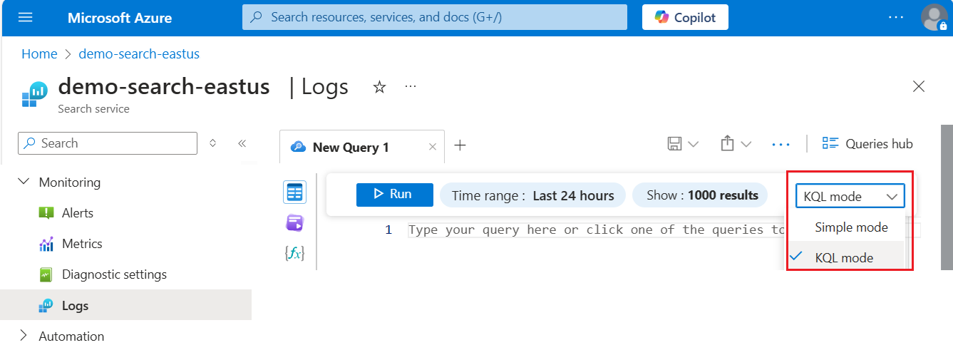 Azure portalı sorgu gezgininde KQL modu seçeneğinin ekran görüntüsü.