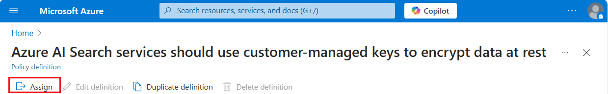 Yerleşik CMK ilkesi atama işleminin ekran görüntüsü.