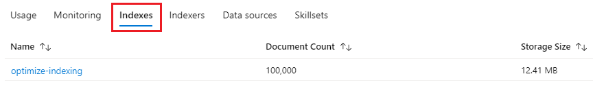 Azure Yapay Zeka Arama dizinlerinin listesini gösteren ekran gösterisi.