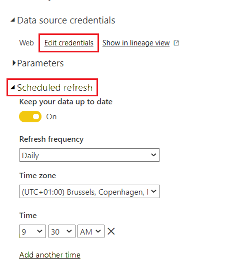 Power BI rapor veri kümesi için zamanlanmış yenileme ayarlarını gösteren ekran görüntüsü.