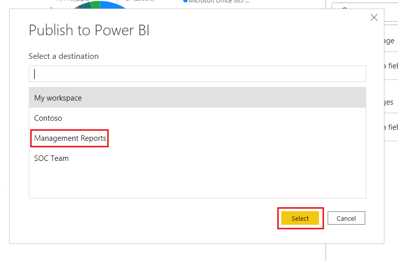 Yayımlanacak Power BI Yönetim Raporları çalışma alanını seçmeyi gösteren ekran görüntüsü.