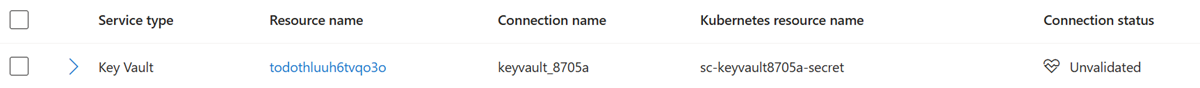 Service Connector tarafından oluşturulan kubernetes kaynaklarını görüntüleyen Azure portalının ekran görüntüsü.