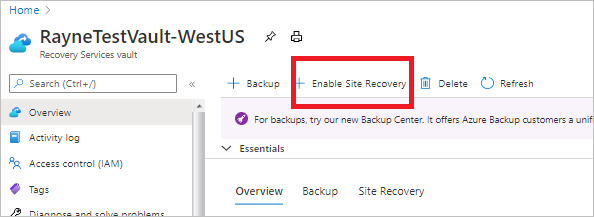 Kasada Site Recovery'yi etkinleştirmek için seçim