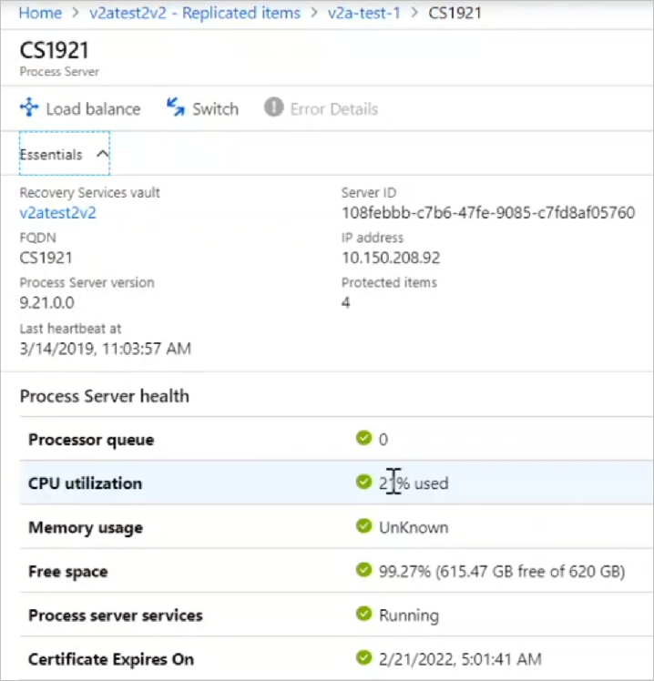 Process server details in VM dashboard