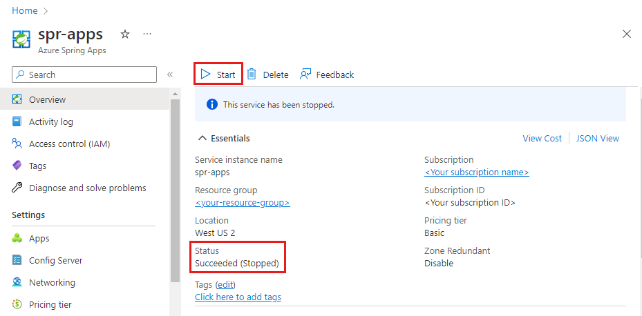 Başlangıç düğmesinin ve Durum değerinin vurgulandığı Azure Spring Apps Genel Bakış sayfasını gösteren Azure portalının ekran görüntüsü.